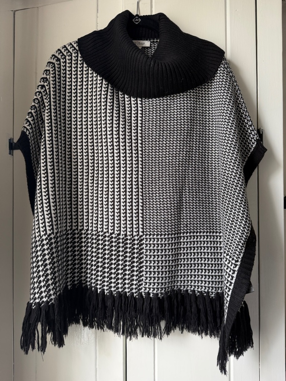 White House Black Market Black & White Knit Poncho with Cowl Neck